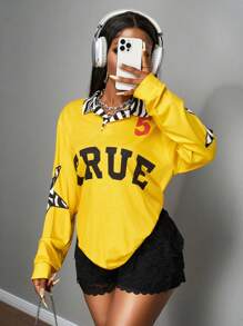 Slaydiva 2025新款夏季休闲街头运动风复古学院POLO领翻领半开襟落肩长款斑马领TRUE英文印花5号斑马星图案姜黄色印花女T恤 - 芥末黃 - 查看 5