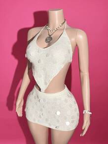 Slaydiva 2 Stück/Set Badeanzug Bikini Strandkleid - Europäischer und Amerikanischer Stil Strandurlaub Ausschnitt Pailletten Patchwork Trägertop und asymmetrischer Saum Mini Rock im Herbst/Winter - Weiss - Übersicht 6