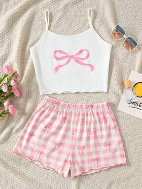 SHEIN Conjunto de pijama de punto con camiseta de tirantes y shorts con diseño de lazo para niña preadolescente