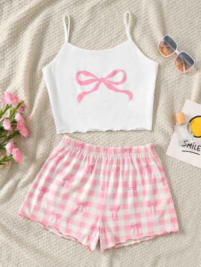 SHEIN Tween Girl Cute Bow Design Camisole And Shorts Knit Pajama Set Fall Winter
