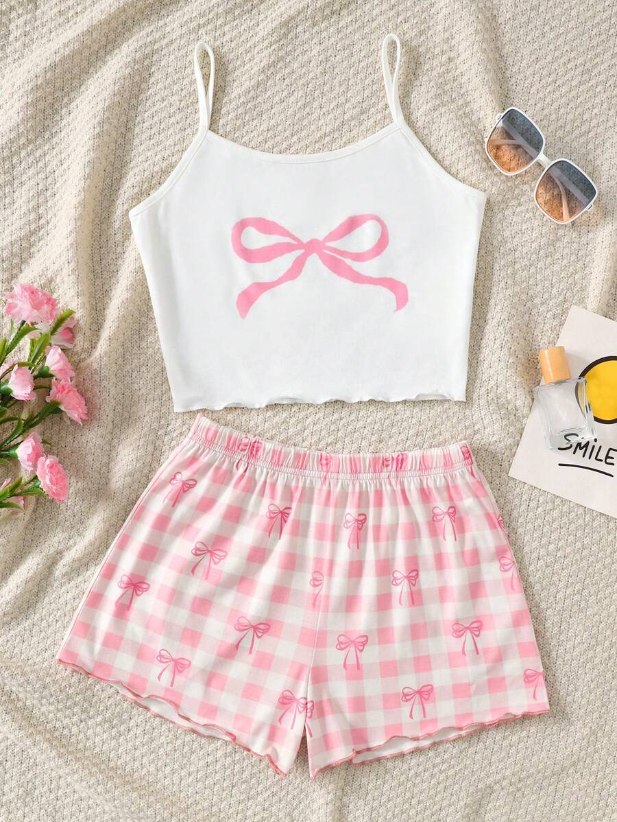 SHEIN Tween Girl Cute Bow Design Camisole And Shorts Knit Pajama Set Fall Winter - Pink - View 1