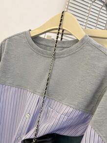 SHEIN Essnce 女式秋季拼色条纹圆领长袖衬衫 - 彩色 - 查看 3