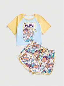 Nick 90's X ROMWE Conjunto de pijama informal con top de manga corta y shorts con estampado de dibujos animados