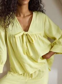 Ocili 休闲纯棉柔软舒适绉布中袖前系带上衣和裤子，女士睡衣套装，家居服假日季节服装，秋季服装 - 黃色 - 查看 10