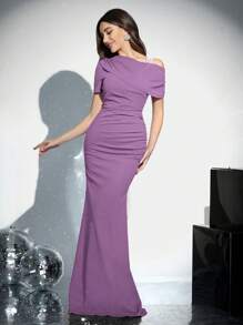 Coutiva Women's Knitted Red Bubble Pearl Short Sleeve Empire Waist Bodycon Formal Evening Dress