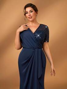 Serin Plus Size Elegant & Romantic Navy Luxury Sequin Splice Elastic Satin Sheer Short Sleeve Ruffle Hem Fishtail Skirt Formal Evening Gown, Bridal Mother Dress