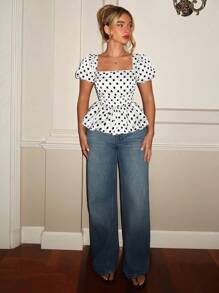 Glamine Spring & Summer Square Neck Bud Sleeves Classic Satin Polka Dot Gathered Sleeves Slim Fit Bud Hem Women's Short-Sleeved Blouses