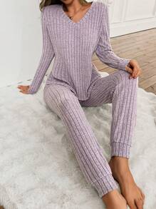 SHEIN Women Rib-Knit Fleece V-Neck Casual Long Sleeve Pants Pajama Set  Cozy And Elegant Details, Fall/Winter Clothes