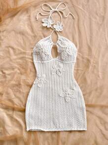 Soleia Vestido de punto ajustado con decoración floral, escote halter y recorte calado, adecuado para vacaciones, citas, té de la tarde, vacaciones, festivales de música, playa, atuendo de verano, estilo bohemio, ganchillo, lino - Blanco - Ver 4