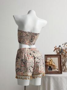 SHEIN Unity 2pcs/Set Women Bandeau Top And Tassel Hem Shorts Set - Khaki - View 2