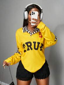 Slaydiva 2025新款夏季休闲街头运动风复古学院POLO领翻领半开襟落肩长款斑马领TRUE英文印花5号斑马星图案姜黄色印花女T恤 - 芥末黃 - 查看 6