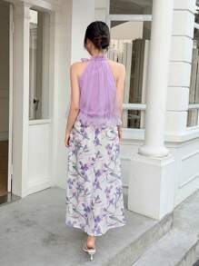 SHEIN LUNE Bộ 2 món gồm áo cổ đứng thắt nơ phối lưới và chân váy in hoa. - Nhiều màu - Xem 2
