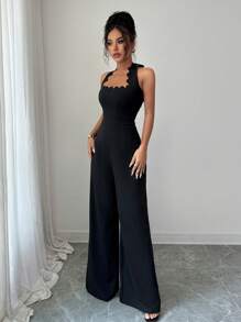 Selianne Elegant Women Wave Halterneck Wide Leg Jumpsuit, Suitable For Commuting, Dating, Vacation - Black - View 8