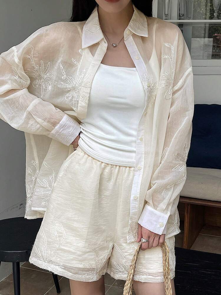 Women's Summer Floral Embroidery All-Over Print Textured Fabric Sheer Shirt And Shorts 2 Pieces Casual Vacation Set Lounge Sets For Women