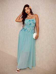 Elaquor Plus Size Elegant Sommarklänning med Paljetter och Hög Slits - Mint Grön - Visa 4