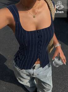 Siren Gaze Camisola casual de verano con botones frontales a rayas - Azul Marino - Ver 6