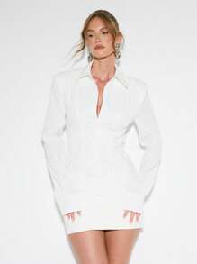 KIZN 超大款纽扣衬衫裙，迷你裙长，长袖翻领西装外套风格，晚宴派对时尚吸睛单品