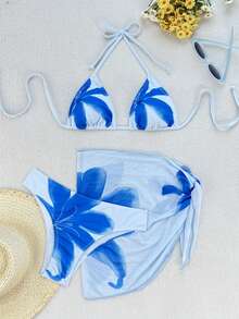 Zestiva 3件套女士花卉印花露背系带性感比基尼泳装，适合海滩度假 - 藍白色 - 查看 6