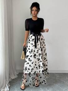 Elenzga Women's Casual Elegant Puff Sleeve Bowknot Wrap Dress - Multicolor - View 3