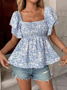 Pariaura Women's Floral Print Ruffle Hem Short Sleeve Vacation Fashion Blouse