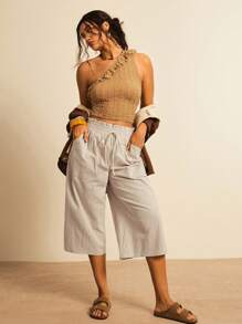 Freevana Plus Size Women's Solid Color Ruffle Hem Drawstring Waist Pockets Casual Pants - Apricot - View 7