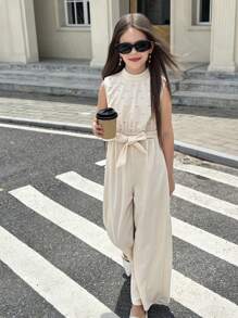 SHEIN Tween Girl Elenzga 珍珠串珠无袖束腰奶油黄色通勤叠领上衣阔腿连体裤，舒适连体裤，不对称无袖上衣连体裤，适合春夏秋冬季节，演唱会女童服装，优雅，晚礼服，适合日常通勤，婚礼季/音乐节 - 杏色 - 查看 1