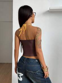 StreetHx Women Streetwear Casual Sports Letter & Graphic Print Slim Fit Camisole - Coffee Brown - View 2