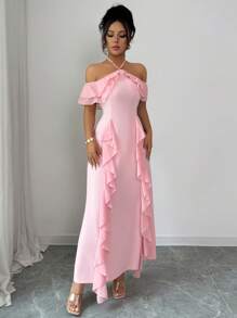 Elenzga Spaghetti Strap Cold-Shoulder Ruffle Hem Waisted Elegant Romantic Women Dress