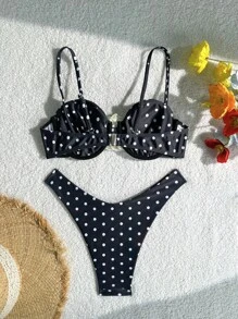 Bonvoyette Top à armatures et bas de maillot de bain à imprimé pois aléatoires avec décorations florales et bretelles ajustables. Ensemble de maillot de bain pour femmes pour l'été et les vacances à la plage