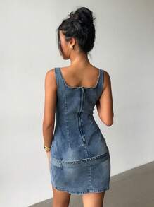 Aloruh Women's Y2K Sexy Square Neck Fashion Waist Belt Denim Mini Dress, Night Out