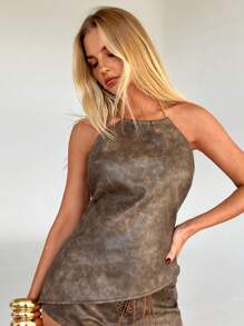 Aloruh Women's Sexy Vintage PU Leather Metal Chain Halter Top