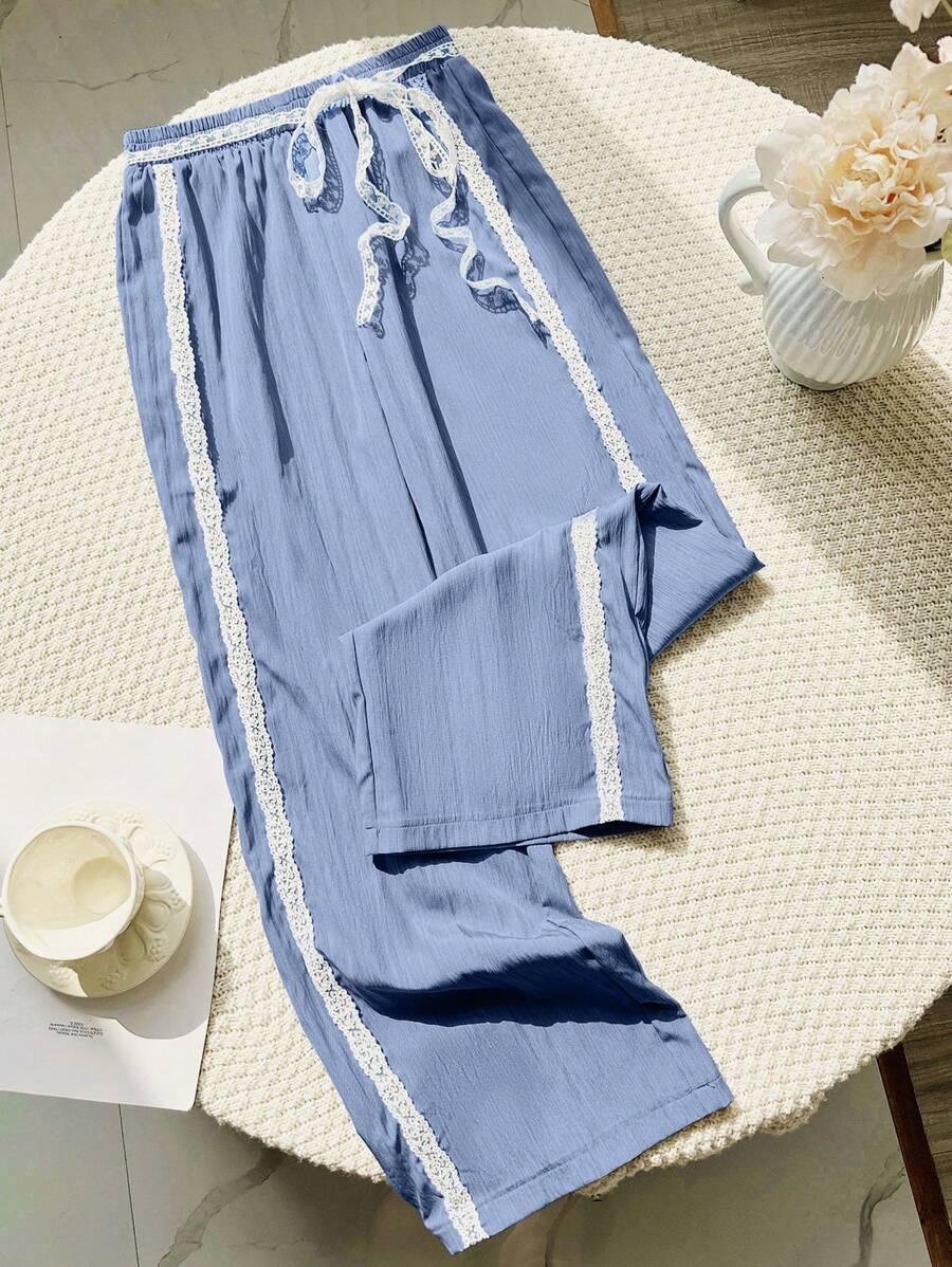 Mulvari Solid Color Contrast Lace Trim Textured Straight Leg Pants For Spring/Summer Fall Cloth For Women - Blue - View 1