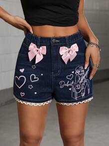 Teen Girls Sweet 2D Heart Print Pocket Bowknot Decor A-Line Mid-Waist Fashion Denim Shorts, Summer