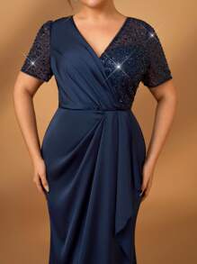 Serin Plus Size Elegant & Romantic Navy Luxury Sequin Splice Elastic Satin Sheer Short Sleeve Ruffle Hem Fishtail Skirt Formal Evening Gown, Bridal Mother Dress