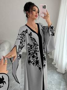 Chiquease 女士印花撞色滚边V领优雅连衣裙休闲装春季学院风服装