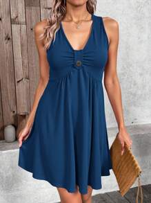 Breezaya Đầm không tay cổ chữ V màu trơn cho kỳ nghỉ hè thường ngày - Màu xanh lam - Xem 6