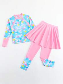 女童长袖比基尼美人鱼鳞片印花粉色泳衣 - 彩色 - 查看 5