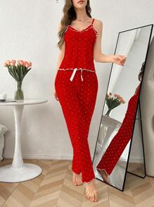 Polka Dot Print Spaghetti Strap Jumpsuit Pajama Set With Ruffle Hem - Red - View 6
