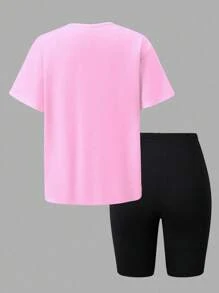 2pcs/Set Teen Girls Fashion Street Style Graphic Print Short Sleeve T-Shirt And Tight Shorts, Comfortable Casual Outfit, School, Campus, College - Pink - View 4