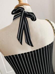 Cévolie Women's Summer Sleeveless Halter Striped Tank Top - Black and White - View 5