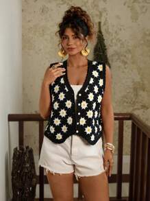 Travachic Plus Size Women's Full Print Single-Breasted V-Neck Casual Knitted Vest Crochet Top Vacation