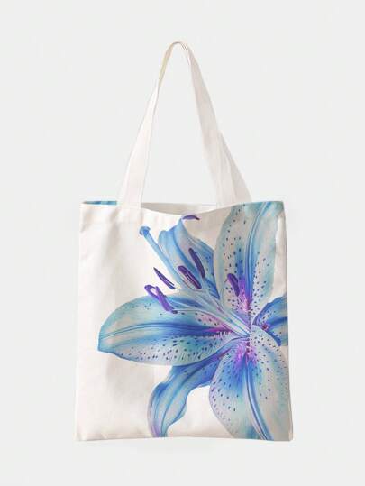 ROMWE Kawaii Vacation Oversized Floral Pattern Double-Sided Print Canvas Tote Bag, Suitable For Commute And Leisure
