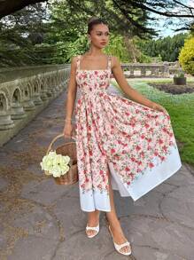 Glamine Vestido maxi floral de mujer, con cuello cuadrado color rosa multicolor, sin mangas, con botones decorativos en la cintura, elegante y de estilo romántico de resort para el verano - Albaricoque - Ver 3