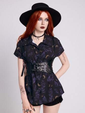 Goth Gothic Moon & Plant Vintage Pattern Casual Allover Print Women's Blouse