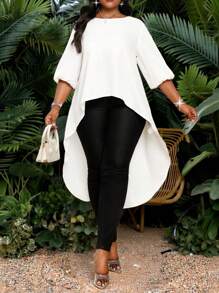 SHEIN Lady 春夏优雅通勤办公室休闲波西米亚风白色编织圆领加大码 T 恤，度假海滩外出上衣海滩