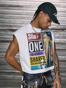 AXEPEAK Crew Neck Figure & Slogan Print Men's Tank Top - White - View 4