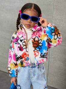 SHEIN Girl's Knitted Fluffy Letter & Graffiti Pattern Loose Hoodie Jacket,In Fall/Winter - Multicolor - View 7
