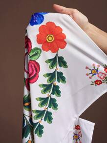 Veslaya Conjunto de 2 piezas de verano para mujer talla grande: blusa de manga dolman con cuello vuelto y estampado floral blanco, y pantalón corto de cintura elástica y pierna ancha. Conjunto de 2 piezas bordado para vacaciones con estampado floral - Blanco - Ver 8