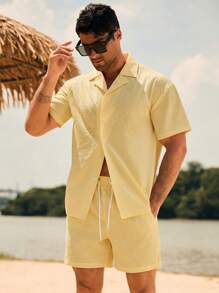 Zalmeno Bộ đồ đi biển nam màu trơn tay ngắn cài khuy đơn và quần short - Màu vàng - Xem 4