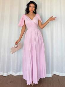 Rafferiza Women's V-Neck Off Shoulder Ruched Waist Elegant Dress - Pink - View 4